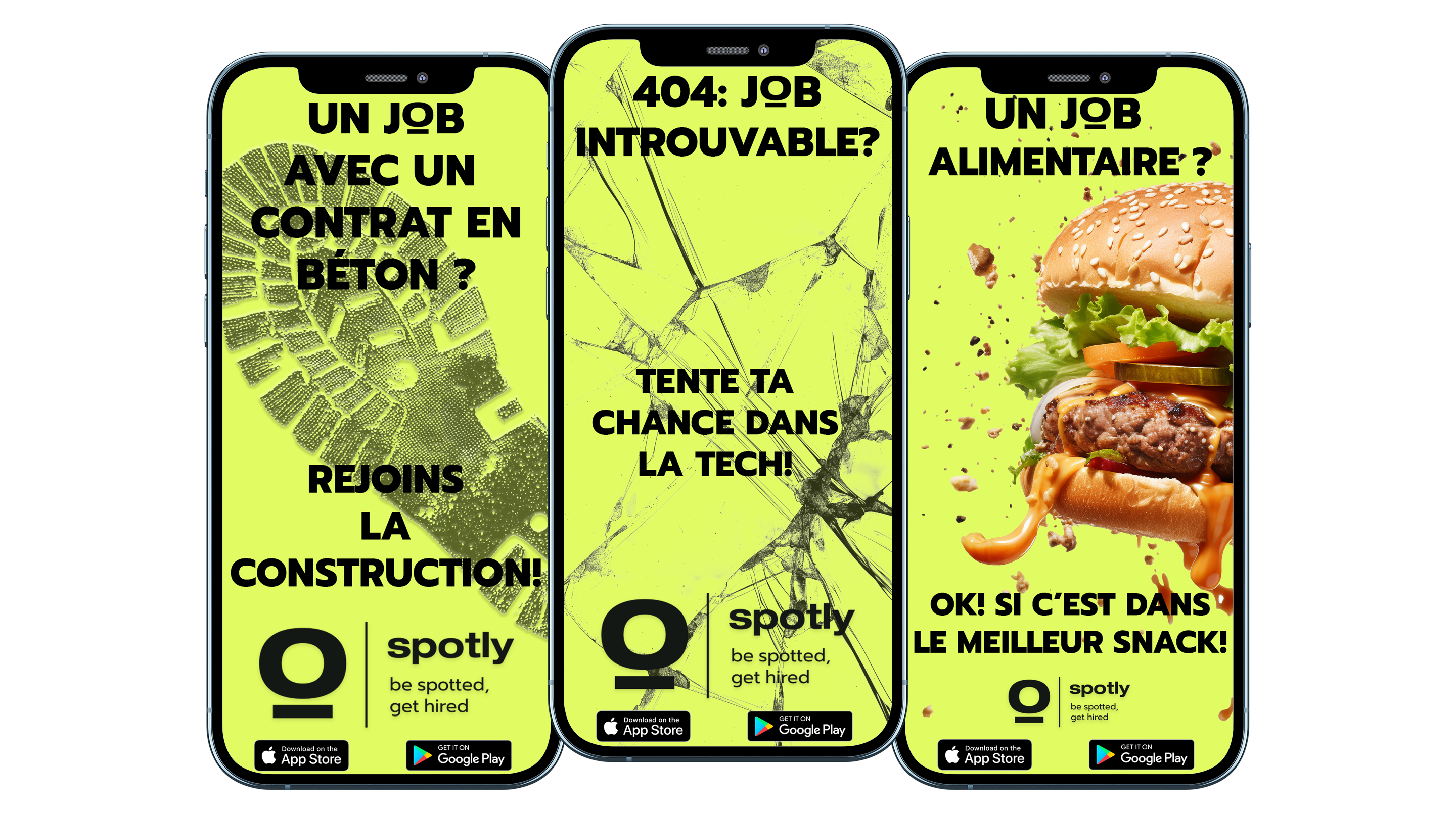 Spotly annonces d'emploi montrant des parcours de carrière diversifiés en construction, technologie et industrie alimentaire.